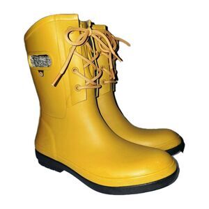 BOGS AMANDA Sz 9 Lace Up Waterproof Lined Yellow Outdoor Mud Rain Logo Boots EUC